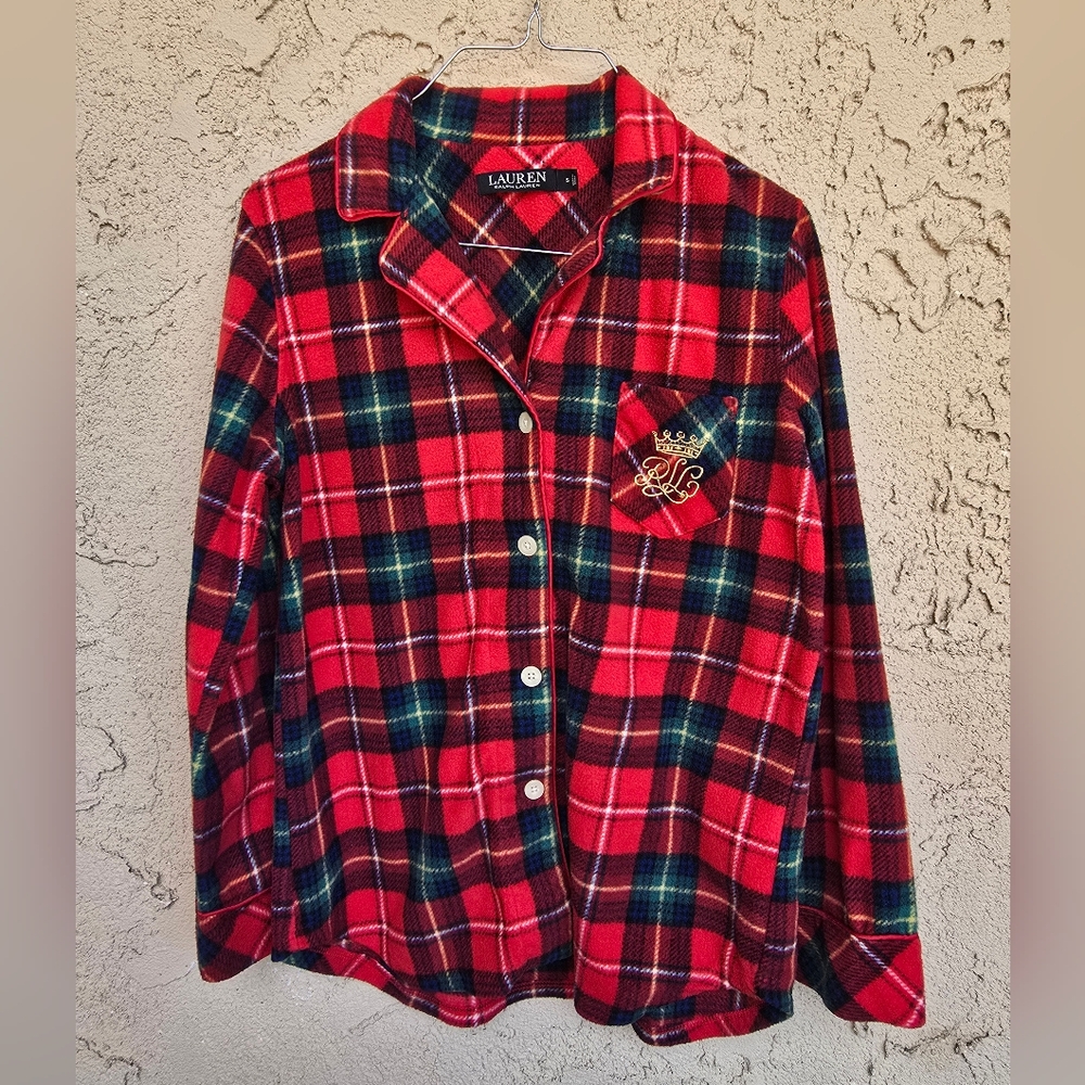 Lauren Ralph Lauren Women's Size S Fleece Crest Logo Pajama PJ Top Red/Green